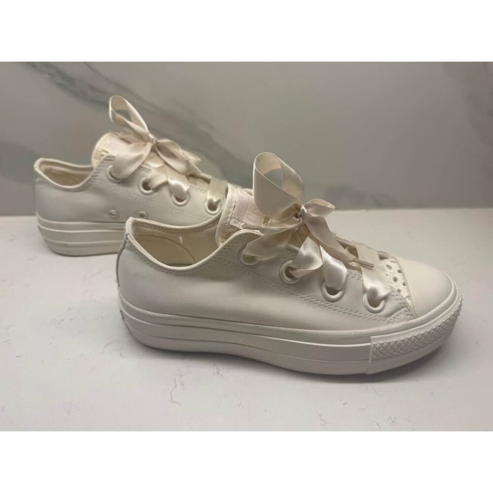 Converse Women’s Size 7 Cream Satin Big Eyelet Lace Tongue Ribbon Tie Sneakers - Picture 2 of 8